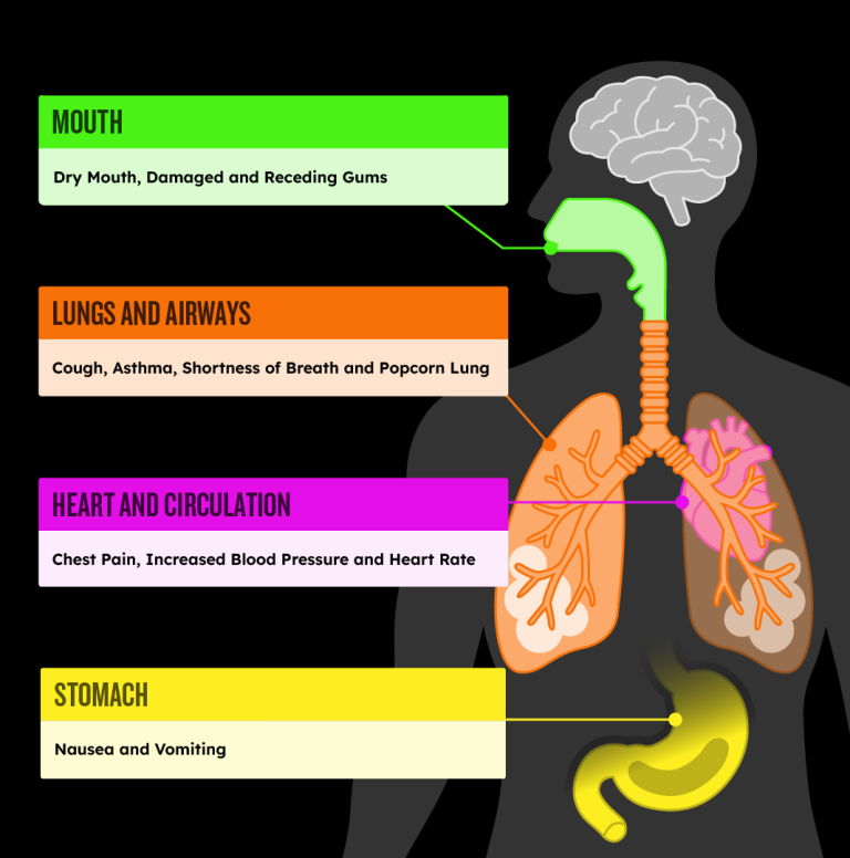 Infographic of vaping’s effects on the body, including links to mouth and lung cancer, heart disease, stroke, and poor lung function.